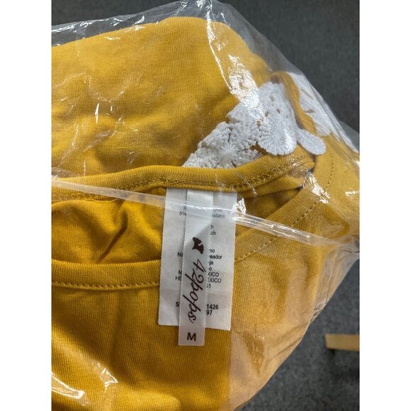 Mustard Yellow Lace Shoulder Womens T-Shirt Top M By 42 Pops - Picture 4 of 4